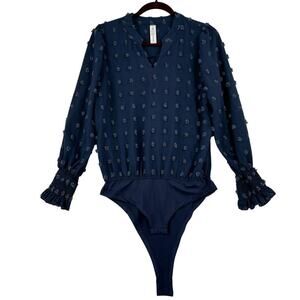 B Bodysuit Blouse Women's Size M Blue Textured Swiss Dot Smocked Long Sleeve